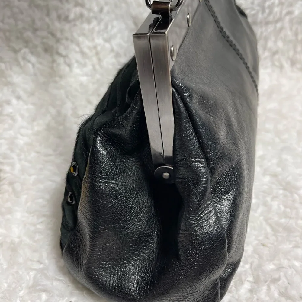 Patricia Nash Black leather & calf hair zebra Stripes silver tone frame Satchel